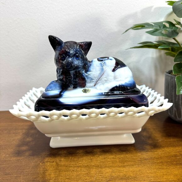 Westmoreland Slag Glass Blue and White Cat Dish Handmade Milk Glass Lace Edge
